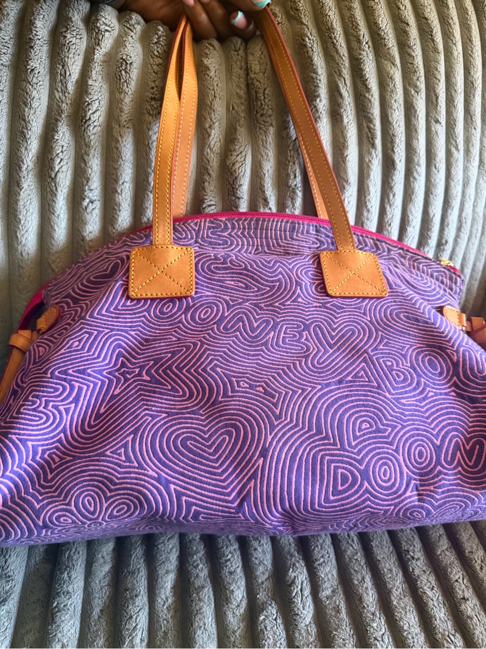 Dooney & Bourke Purple Tote with Pink Pattern and Tan Handles